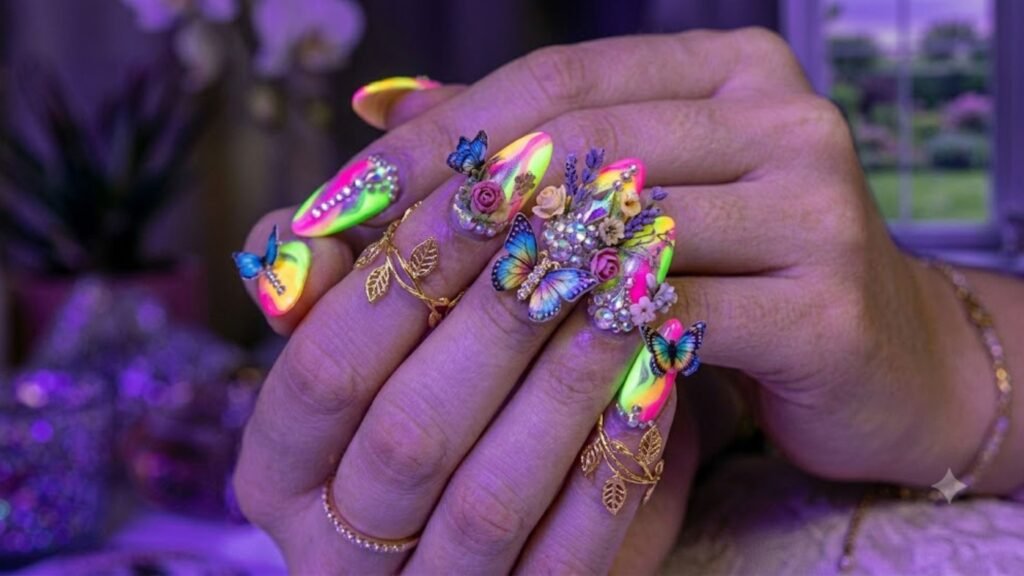 Festival Acrylic Nails with floral and butterfly designs