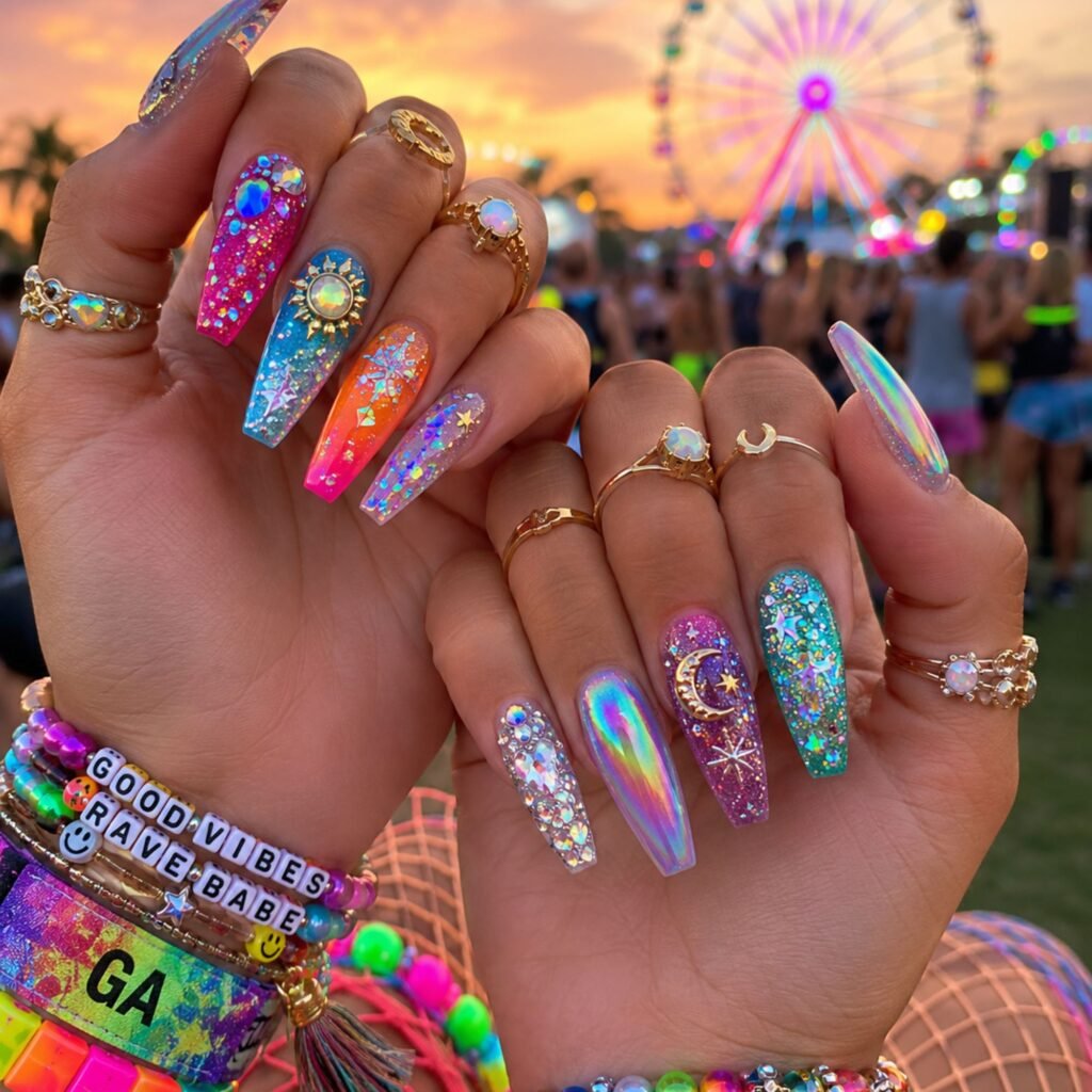 Festival Acrylic Nails with glitter and colorful festival-inspired designs