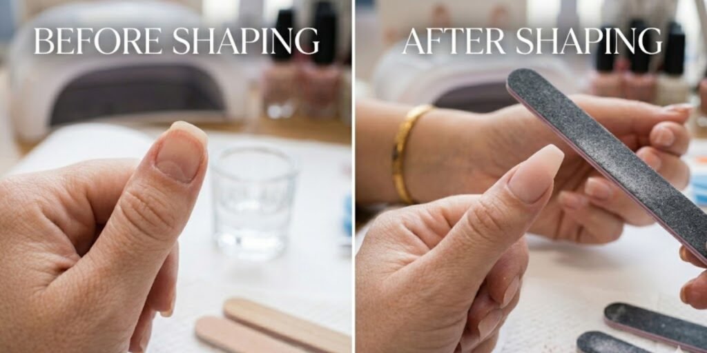 filing and shaping acrylic nails into a coffin shape