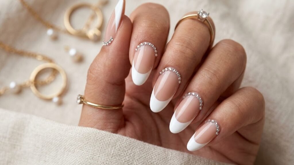 french tip acrylic rhinestone nails design