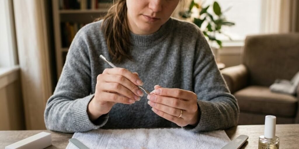 woman removing old acrylic nails at home