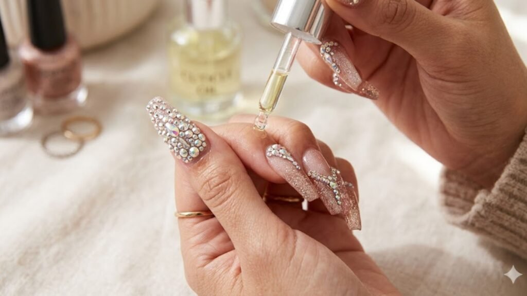 maintaining acrylic rhinestone nails with cuticle oil
