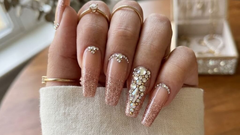 ombre acrylic nails with rhinestones and glitter