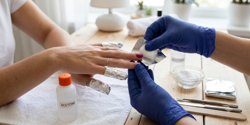safe acrylic nail removal using acetone soak method