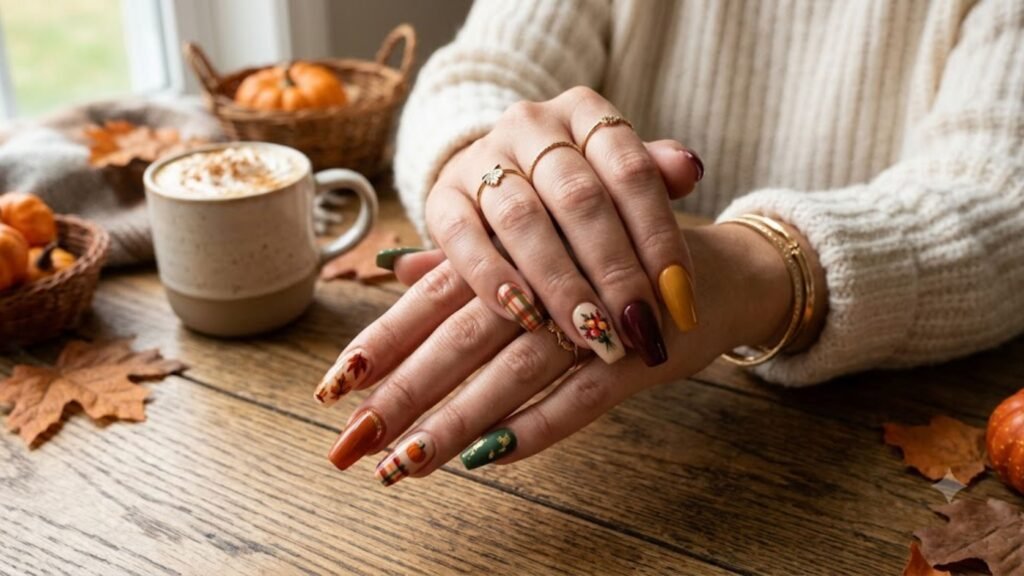fall acrylic nail art trends featuring autumn leaves, plaid nails, sweater textures, and seasonal acrylic nail designs